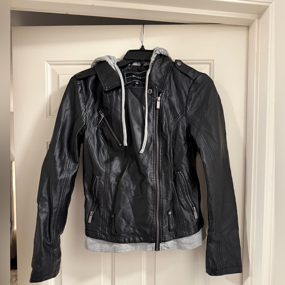 BNCI Black Faux Leather Jacket with Gray Hooded Layer